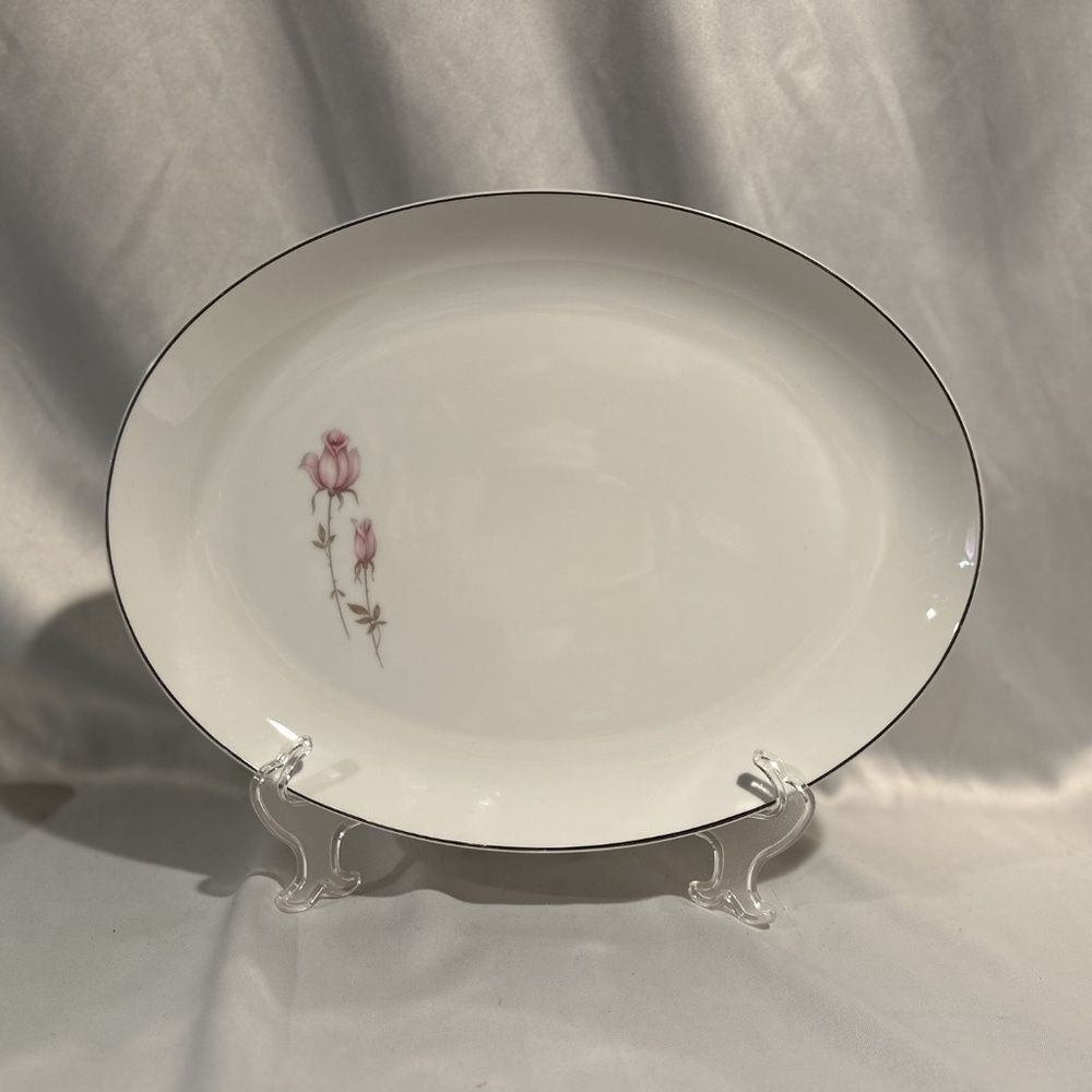 Vintage Large Oval Serving Platter Pink Roses 50s Shabby Chic 16 x 12